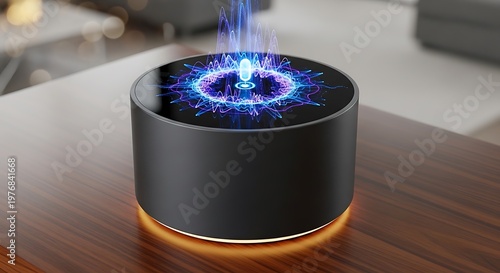 Smart speaker with colorful glowing sound waves on wooden table in modern living room