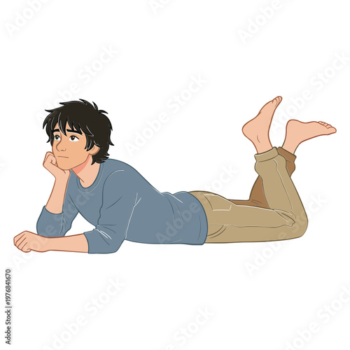 A man lies on his stomach, looking sideways with one hand under his chin.