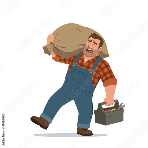 A muscular man carrying a heavy bag and a toolbox runs quickly outdoors.