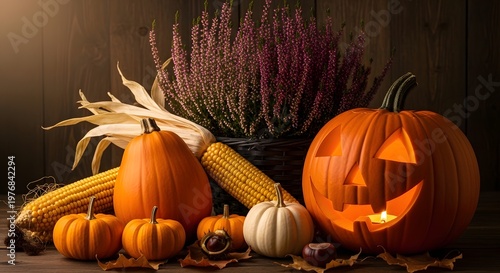 Halloween and thanksgiving autumn harvest still life with pumpkins and corn