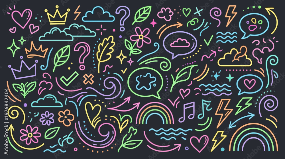 Naklejka premium Colorful chalk-doodle pattern on dark background featuring whimsical icons, shapes and symbols in neon colors