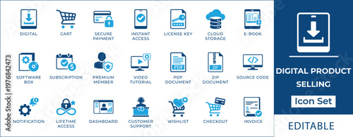 Digital product selling icon set featuring download, shopping cart, secure payment, file formats PDF, ZIP, video course, cloud storage, and online support symbols.