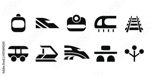 Black Train Icon Set Railway Metro Transportation Silhouette Collection