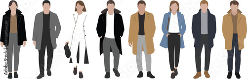 Minimalist line art vector set of seven faceless figures in casual winter outfits standing in row isolated on white background