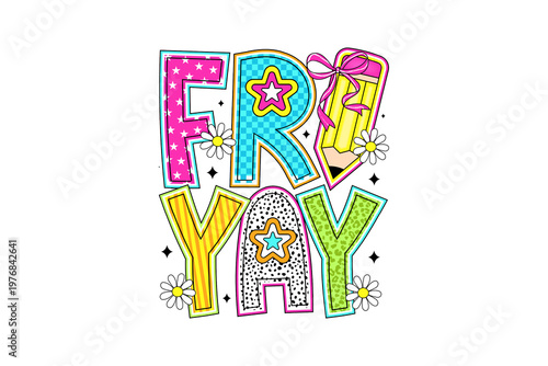 Foto Colorful Groovy Friyay Quote with Doodle Elements Sublimation Design
