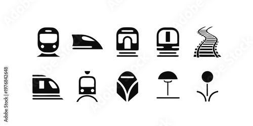 Black Train Icon Set Railway Metro Transportation Silhouette Collection