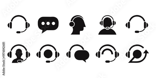 Black Customer Support Icon Set Call Center Chat Communication Symbols