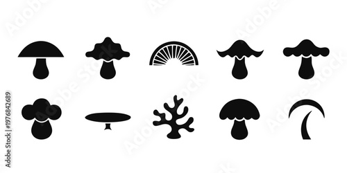 Black Mushroom Icon Set Nature Food Fungi Silhouette Collection