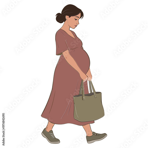 A pregnant woman walks while carrying a bag in her hand.