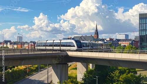 A silver train travels on an elevated track over a cityscape