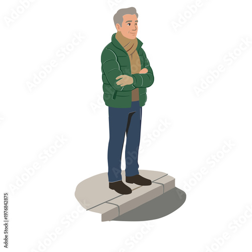 An older man stands confidently on a sidewalk curb in a city.