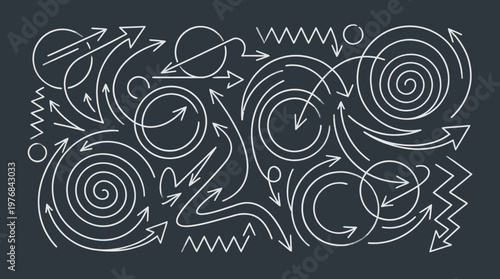 Abstract chalkboard doodle featuring arrows, spirals, and circular patterns for brainstorming, design sketches, and education.