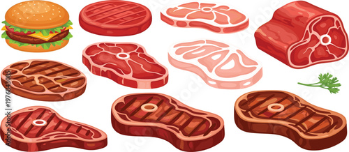 Raw and Grilled Meat Cuts Collection with Steak, Burger Patty and Beef Slices, Food Illustration Set for Butchery, Cooking, BBQ Menu, and Protein Rich Diet Concepts