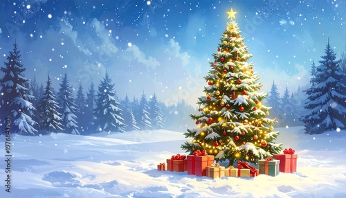 A snowy Christmas scene with a decorated tree and gifts