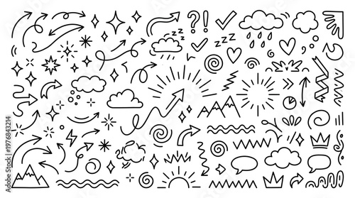 Whimsical black-and-white doodle icon set: playful line art symbols, arrows, shapes, mountains, waves, clouds and more