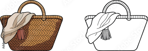 Straw beach bag illustration & outline set isolated on transparent background