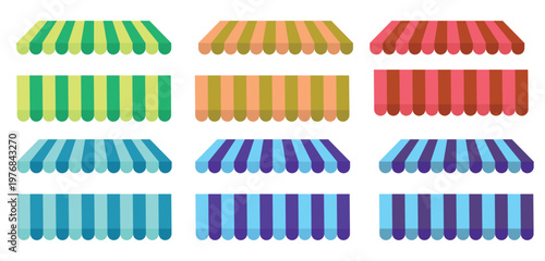 Striped Shop Awnings Set: Vector Illustration of Vintage Market Canopies Isolated on Light Background