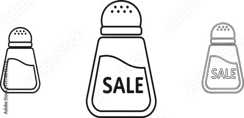 Salt Shaker Icons Collection with Sale Label Concept, Minimal Line Art Illustration Set for Food Packaging, Kitchen Symbols, Discount Promotion, and Retail Design
