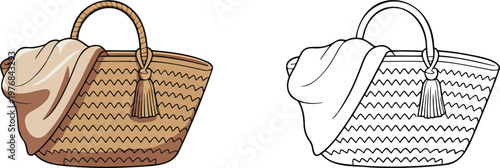 Straw beach bag illustration & outline set isolated on transparent background