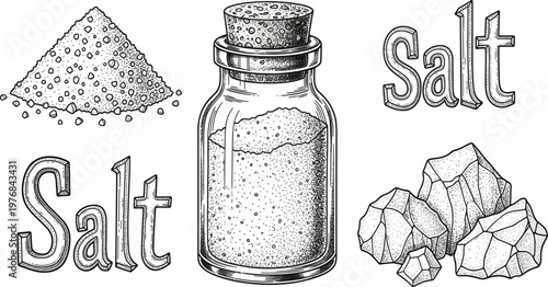 Salt Illustration with Jar, Crystals and Powder, Hand Drawn Vintage Food Ingredient Design for Cooking, Seasoning, Culinary Use, and Kitchen Graphics