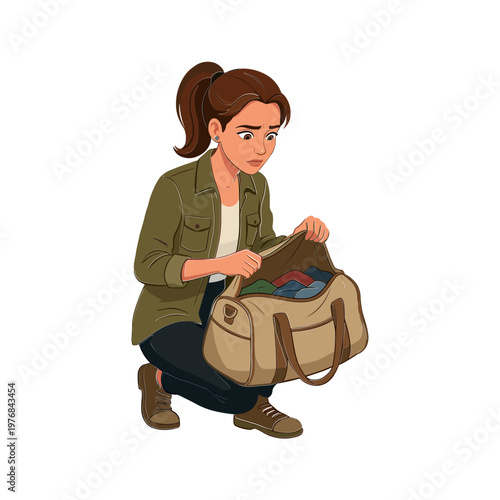 Woman packing clothes into a travel duffel bag indoors