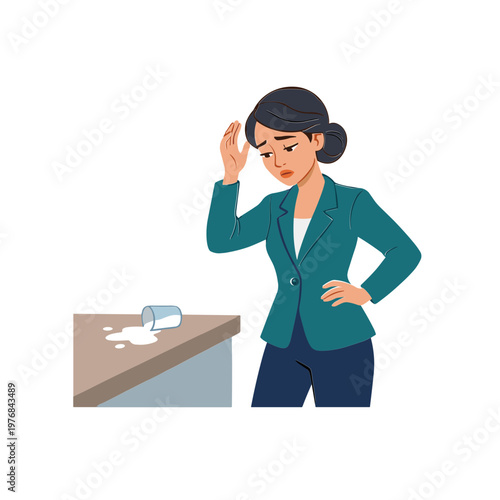 Woman standing frustrated next to a table with a spilled glass.