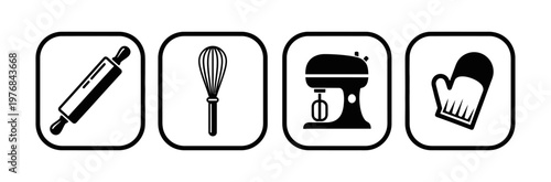 Set of kitchen baking icons including rolling pin, whisk, mixer, and oven mitt for culinary concepts