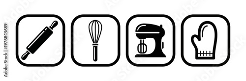 Set of four black and white icons depicting baking tools and kitchen utensils, including a rolling pin, whisk, mixer, and oven mitt