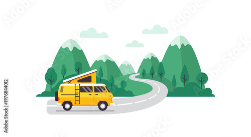 Yellow camper van driving on winding road through green mountains, flat design