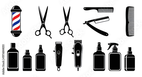 Barber Tools Collection: Scissors, Clippers, Comb, Razor, Spray Bottle, Barber Pole Icons
