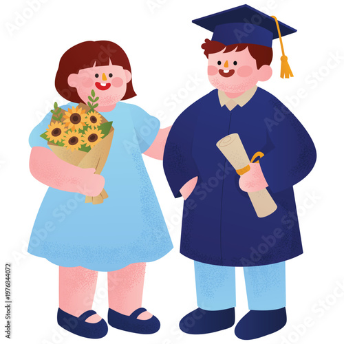Graduation Prep Illustration. Vector illustration of Graduate receiving flowers from friend showing support and appreciation. Isolated on background