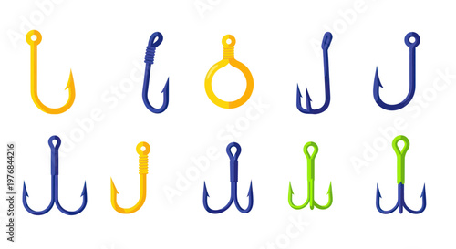 Set of Fishing Hooks, Various Types and Colors, Isolated on White Background
