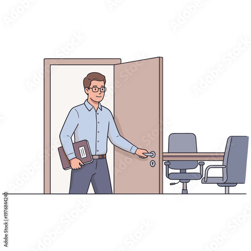 A man enters an office opening door with a briefcase and keys in hand.