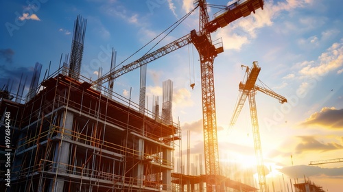 Construction progress at sunset urban building site photography industrial environment wide angle view development and growth