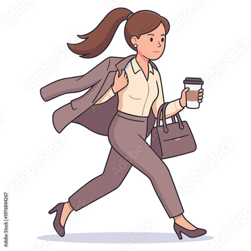 Businesswoman walks quickly with coffee and briefcase in hand