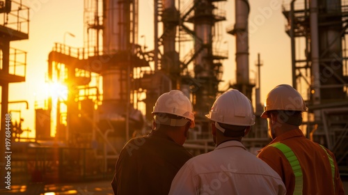 Sunset meeting of engineers at oil refinery industrial site photography urban environment silhouette viewpoint teamwork concept