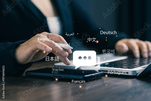 Global communication concept with multiple languages on digital interface, translation technology, multilingual chat, international business and cross cultural communication online.