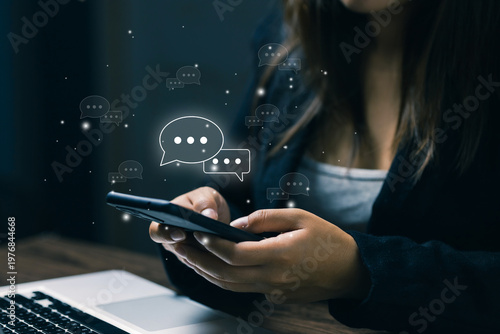 Mobile chat communication concept with messaging interface, online conversation, social connection and digital communication technology on smartphone device.