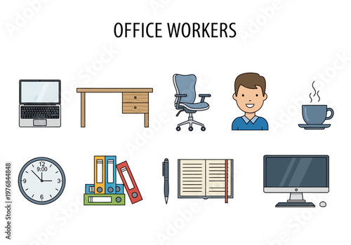 A collection of office supplies and equipment, including a laptop, desk, chair, computer, clock, binders, notebook, and a coffee cup, representing a typical workspace