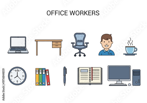 Collection of office supplies and equipment for professional workspaces, including technology and furniture