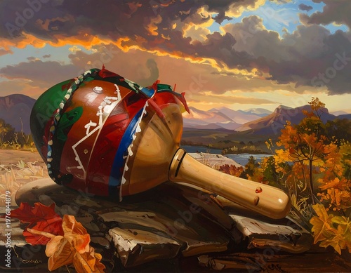 A still life of a maraca on a rocky outcropping overlooking a serene lake and mountain range at sunset