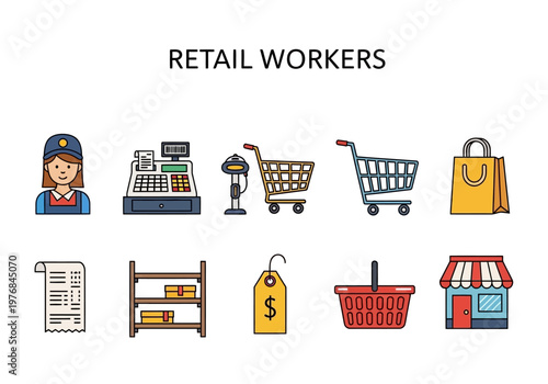 Set of retail worker icons representing various aspects of the shopping and sales industry, including cashiers, shelves, and shopping bags