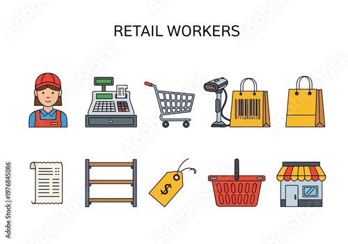 Collection of retail worker icons including a cashier, shopping cart, barcode scanner, shopping bag, receipt, shelves, basket, and storefront