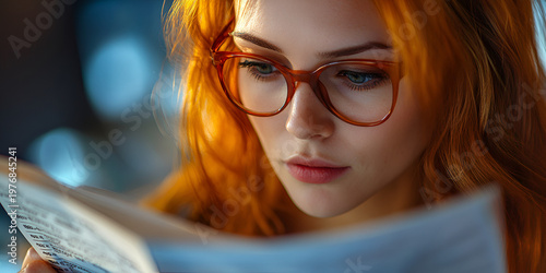 Businesswoman Reviewing Economic Indicators with Clear Facial Detail in Corporate Financial Analysis Environment