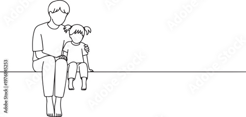 Adult and child sitting together on a bench sharing a comforting embrace