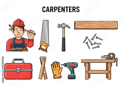 Illustration showcasing various carpentry tools and equipment, including a carpenter, saw, hammer, drill, and toolbox
