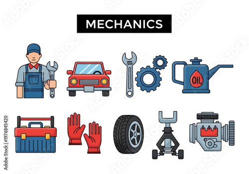 Diverse set of automotive repair tools and symbols representing the mechanics and auto service industry