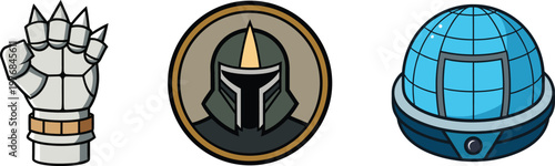 Sci-Fi Character Icons: Robotic Hand, Helmet, and Futuristic Pod