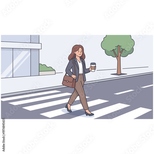 Businesswoman crossing street with coffee and bag in city