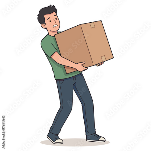Man carrying a large cardboard box with a worried expression